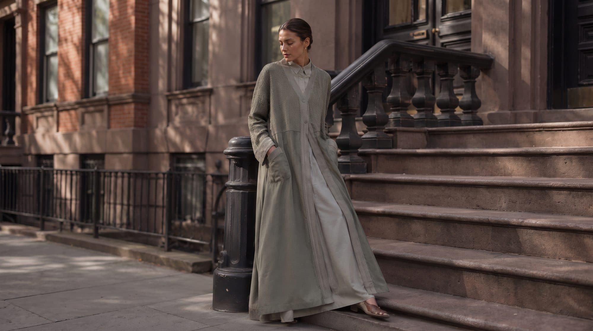 Olive twill on cold stone steps. The wardrobe travels further than the weather it was cut for.