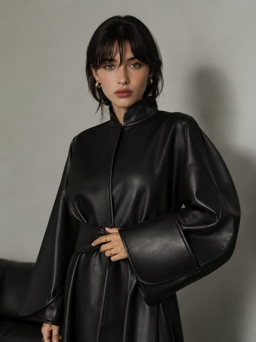 Nappa-effect belted abaya