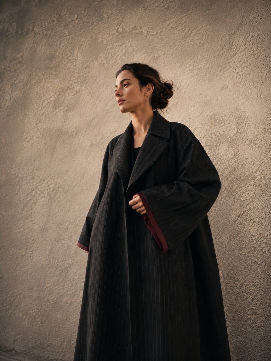 Pinstripe wool tailored abaya coat