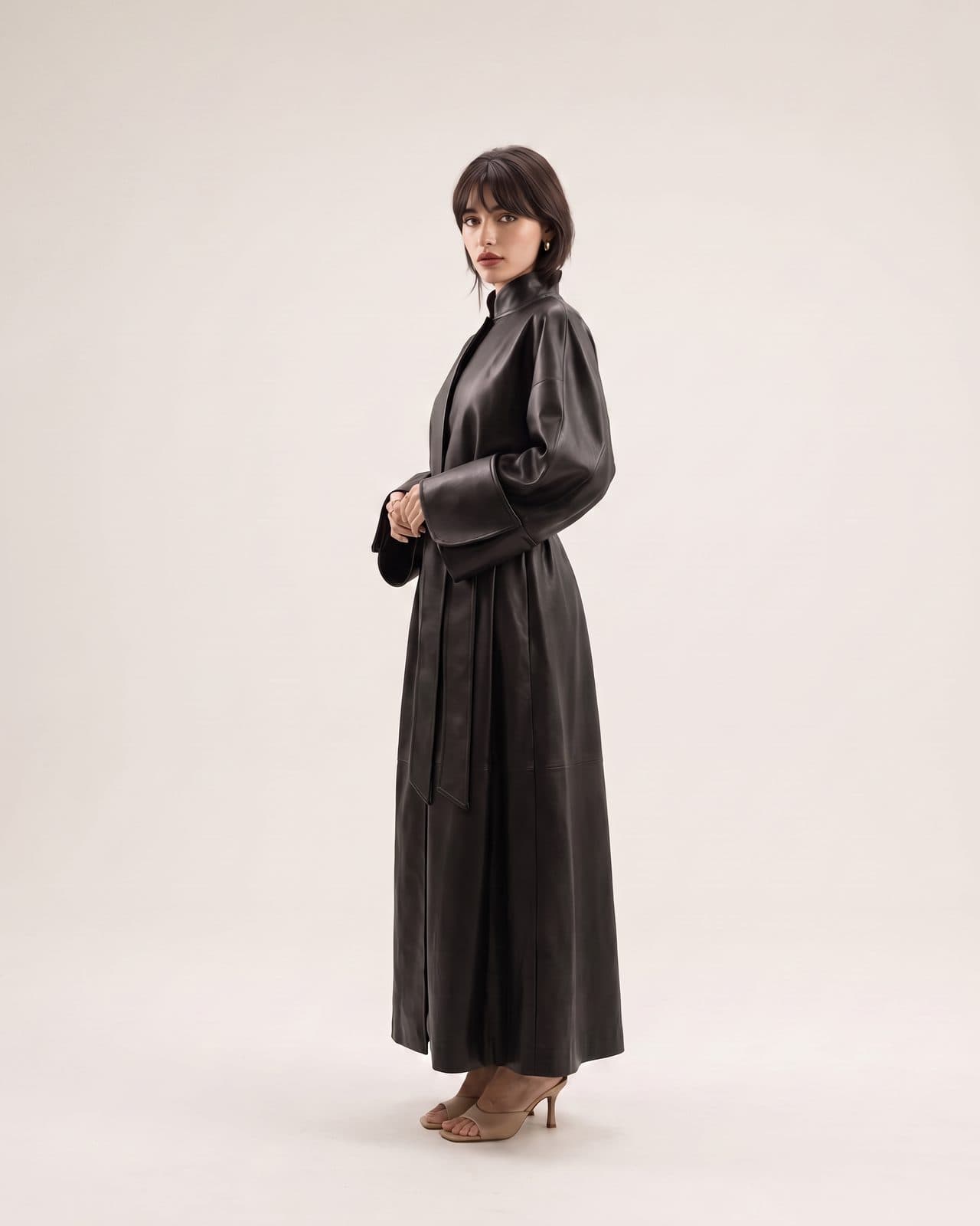 Nappa-Effect Belted Coat — Black