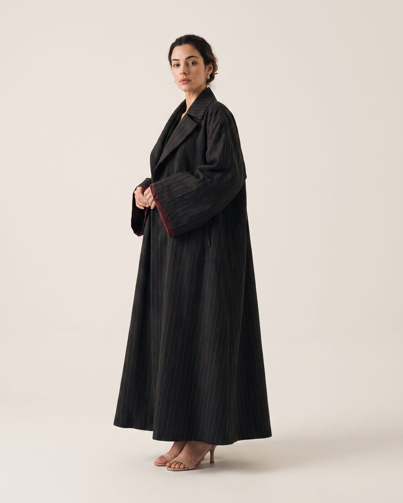 Pinstripe Wool Tailored Abaya — Charcoal Pinstripe
